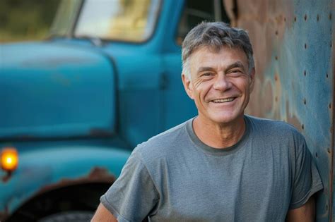 Premium Photo Joyful Mature Man By Aged Blue Pickup Truck