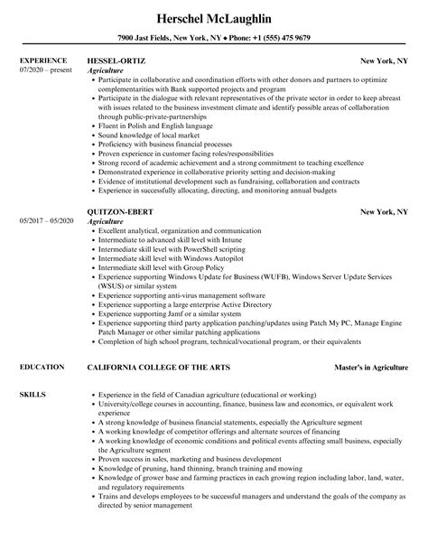 Agriculture Resume Samples Velvet Jobs