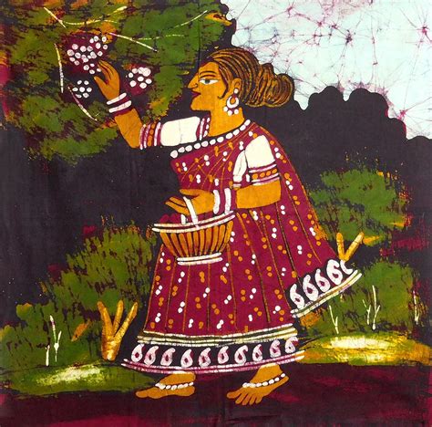 Woman Plucking Flower - Batik Painting