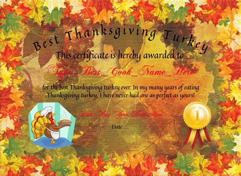 Personalized Best Turkey Certificate Award Best Turkey Fun Cooking