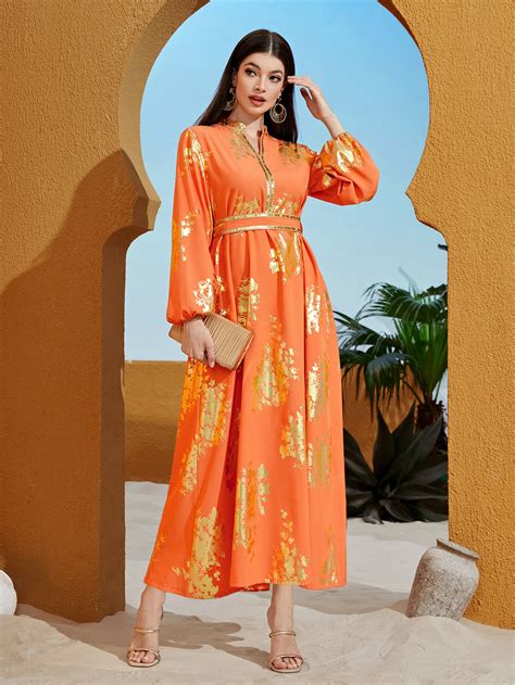 SHEIN Najma Gold Floral Print Lantern Sleeve Dress SHEIN USA