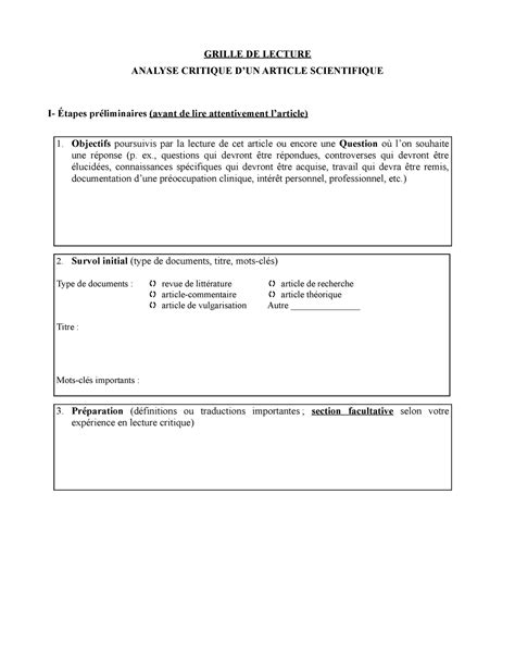 Grille Travail Sur Larticle Grille De Lecture Analyse Critique Dun