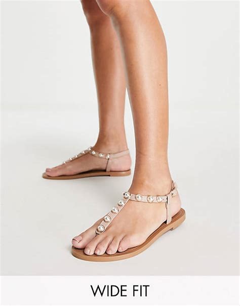 Asos Design Wide Fit Fenella Pearl Embellished Flat Sandals In Beige Asos