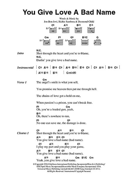 You Give Love A Bad Name Sheet Music By Bon Jovi Lyrics Chords