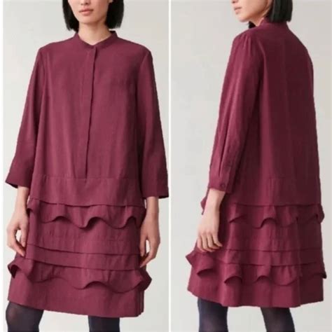 Cos Layered Scallop Edged Dress In Burgundy Gem