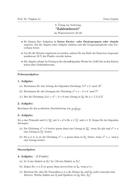 Blatt 8 Blättern in Zahlentheorie 2022 Prof Dr Yingkun Li Nutsa