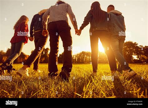 Back View A Group Of Friends Holding Hands At Sunset In The Par Stock