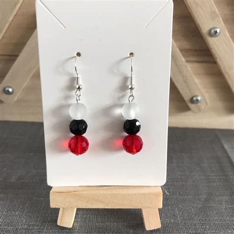 Handmade Red Black And White Bead Dangle Earrings Depop