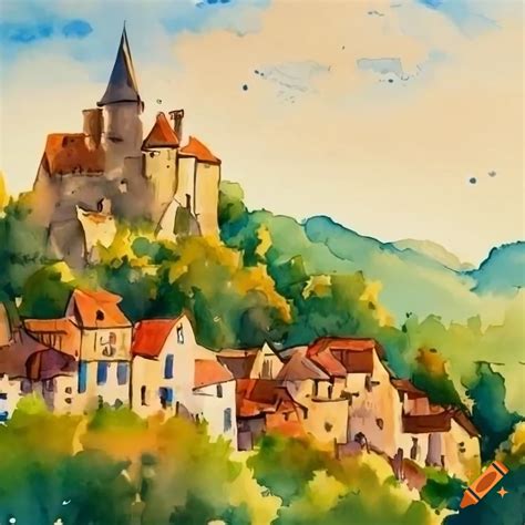 Dessin Aquarelle D Un Village Avec Un Chateau Sur Une Colline On Craiyon