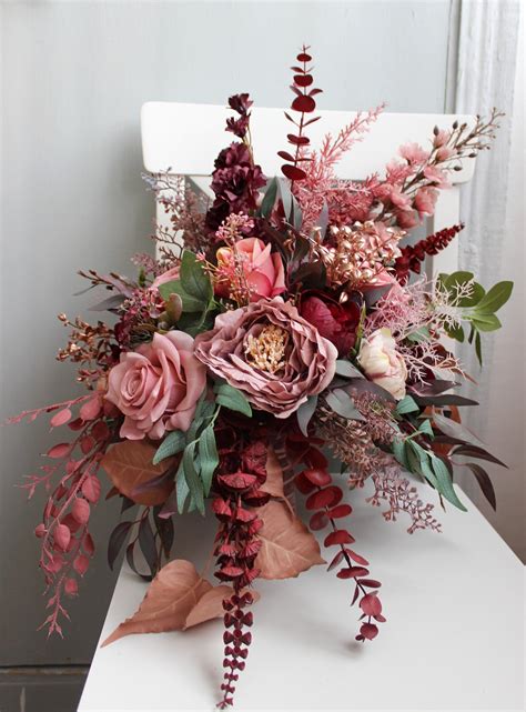 Dusty Rose Burgundy Bouquet Rose Gold Bouquet Boho Bridal Etsy