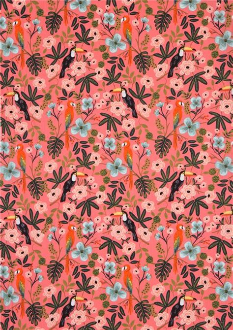 Tissu Cotton And Steel Linon Corail Avec Des Perroquets Toucans