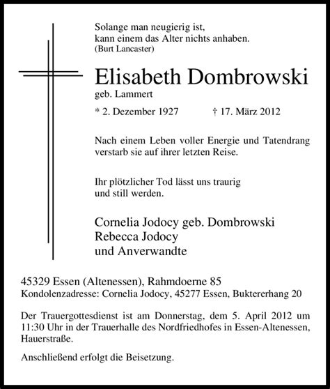 Traueranzeigen Von Elisabeth Dombrowski Trauer In Nrw De