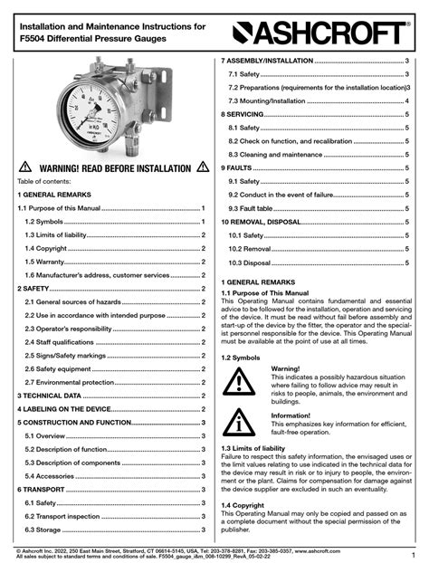 Ashcroft F Installation And Maintenance Instructions Manual Pdf