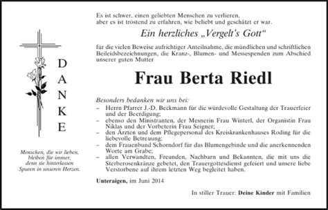 Traueranzeigen Von Unteraigen Berta Riedl Mittelbayerische Trauer