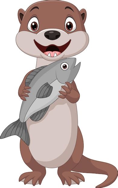 Nutria Sonriente De Dibujos Animados Con Pescado Vector Premium