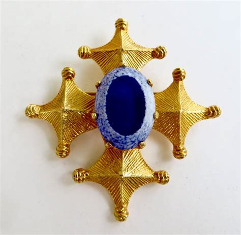 Vintage Maltese Cross Brooch Gold Malta Cross Pin Cobalt Art Glass