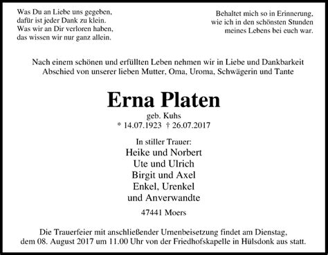 Traueranzeigen Von Erna Platen Trauer In NRW De