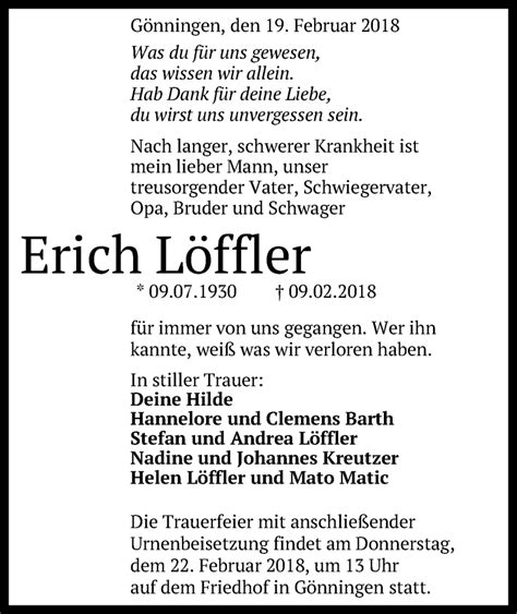 Traueranzeigen von Erich Löffler trauer gea de