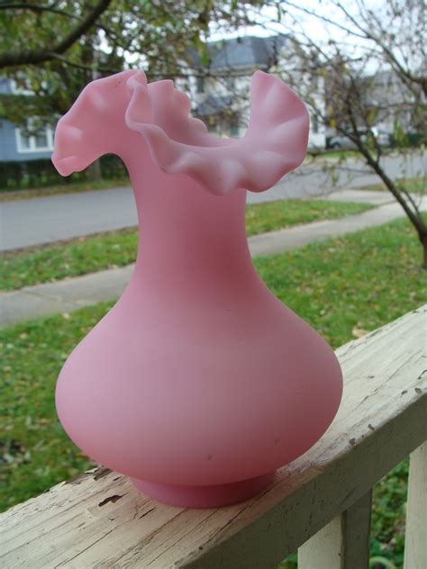 Vintage Fenton Art Glass Pink Satin Vase With Ruffled Top Marked Fenton 7 Etsy