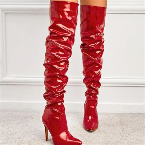 Women Over The Knee Boots High Heels Patent Leather Solid Pointed Toe