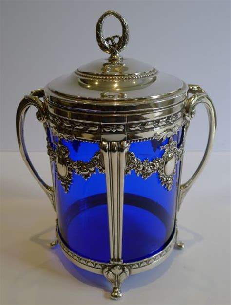 Magnificent Antique Wmf Art Nouveau Silver Plated Biscuit Box Blue