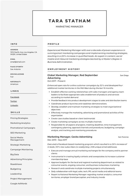 Marketing Resume Templates Free