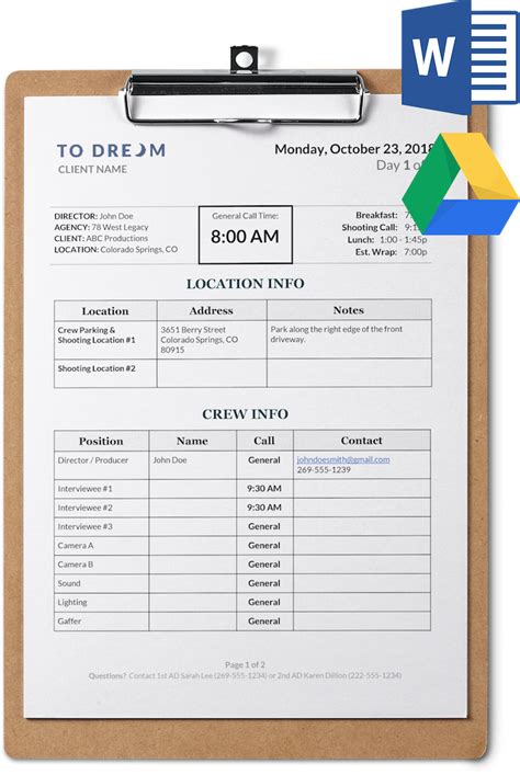 Simple Call Sheet Template SetHero