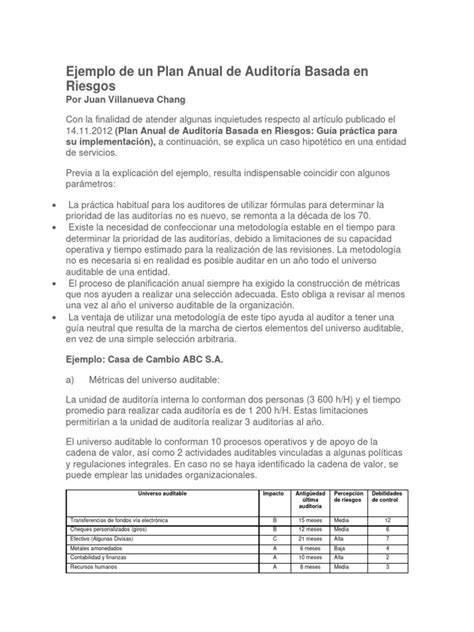 Ejemplo De Un Plan Anual De Auditoría Basada En Riesgos Pdf Auditoría Universo