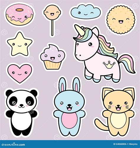 Set Collection Of Cute Kawaii Style Labels Stock Vector Illustration