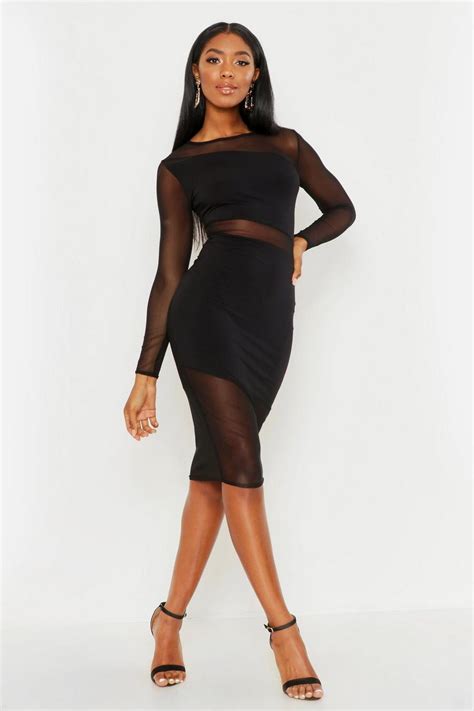 Sheer Mesh Detail Bodycon Midi Dress Boohoo