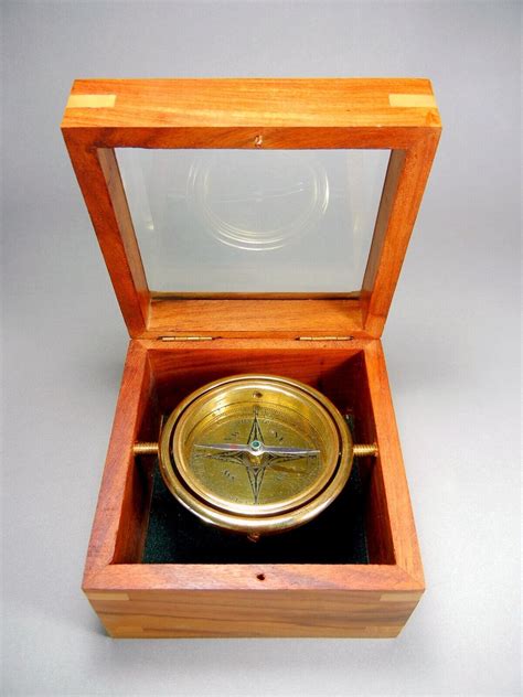 Vintage Brass Marine Gimbal Free Shipping Compass Wooden Box Sh London Stanley