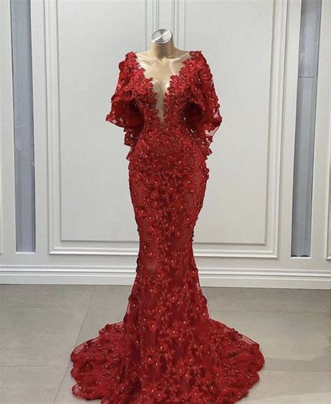 Red Lace Mermaid Prom Dresses