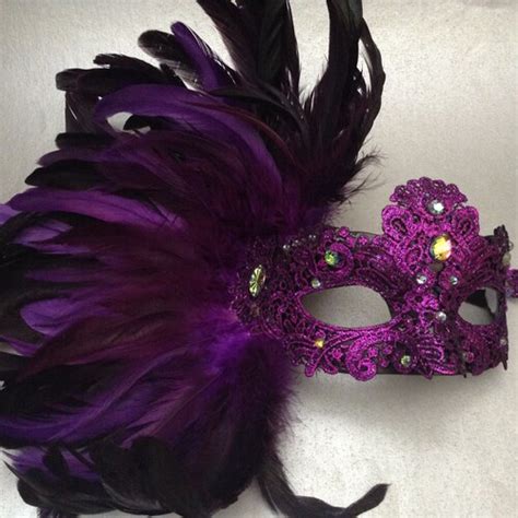 Purple Lace Masquerade Mask With Side Feather Etsy