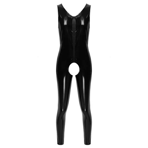 Jual Preorder Mens Lingerie Crotchless Bodysuit Wet Look Patent Leather Sexy Costume V Neck Back