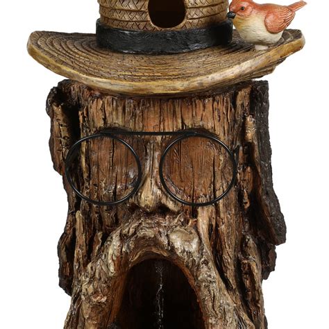 31 Inch Tree Stump Face Fountain With Led Light And Bird House