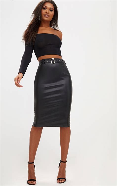 Black Faux Leather Belted Midi Skirt Skirts Prettylittlething Ie