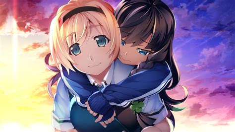 2girls Aquaeyes Blackhair Blondehair Braids Clouds Frontwing Gamecg Grisaiaphantom