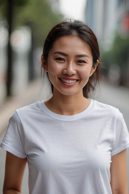 Premium Photo Asian Woman Wearing White Tshirt Smiling On Blurred