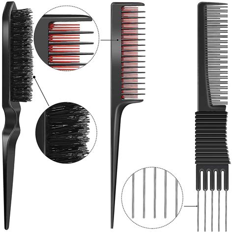 3 Pieces Pick Teasing Combs Hair Brush Set Includes Black Carbon Lift