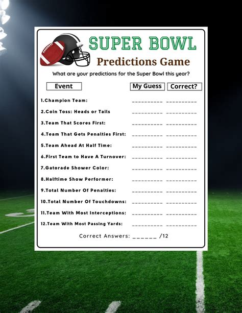 Super bowl predictions game football quiz super bowl party game printable super bowl game sunday ...