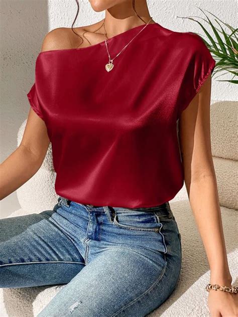 Shein Priv Solid Asymmetrical Neck Batwing Sleeve Satin Blouse Shein Usa