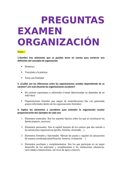 Preguntas Examen OrganizacióN PREGUNTAS EXAMEN ORGANIZACIÓN TEMA 1 1