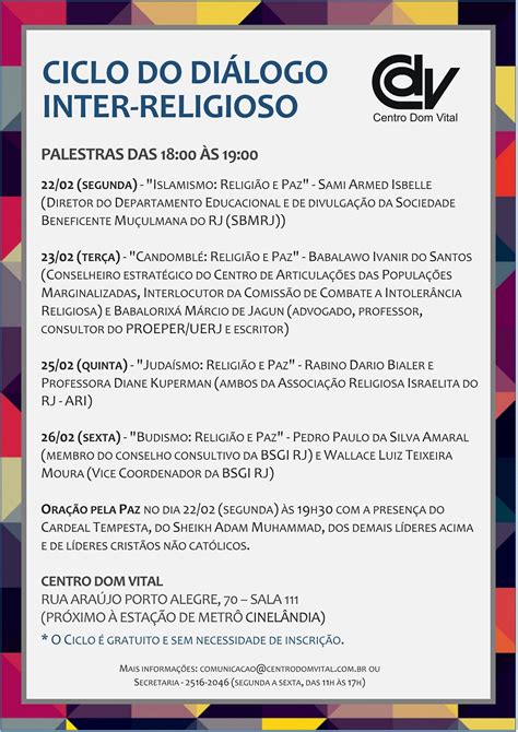 CICLO DO DIÁLOGO INTER RELIGIOSO Palestras das 18h às 19h30 Centro