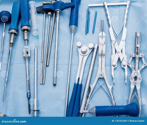 Sterilized Surgical Instruments And Tools On The Blue Table Stock Image