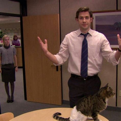 A Man Standing In An Office With A Cat On His Lap And Two People Behind Him