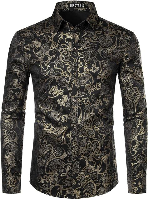 ZEROYAA Men S Luxury Gold Prom Design Slim Fit Long Sleeve Button Up