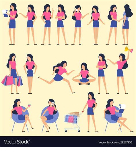 Set Flat Design Woman Character Animation Poses Vector Image On