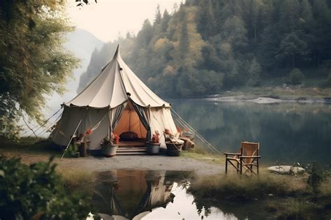 Premium AI Image | Camping on the shore of a lake with a tent