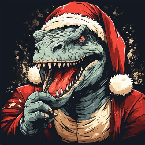 Tyrannosaurus Rex Dinosaur In A Festive Santa Claus Outfit Baring Its