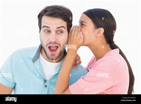 Brunette Whispering Secret To Her Boyfriend Stock Photo Alamy